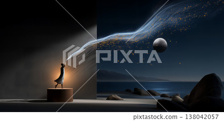 Silhouetted performer on pedestal disperses luminous dust towards floating sphere over sea 138042057