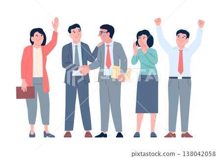 Congrats colleague. Boss make handshake with worker, career achievements. Colleagues applasures, leadership, team building, office competition winner, recent vector scene 138042058