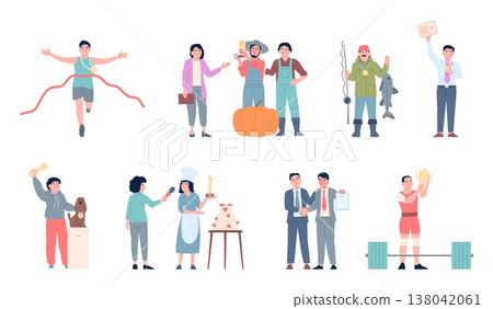 People with trophy. Male female winning in different competition, show, on work. Sport champions, culinary trophy, farming and career achievements, recent vector set People with trophy. Male female winning in different competition, show, on work. Sport champions, culinary trophy, farming and career achievements, recent vector set 138042061