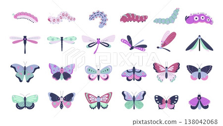 Spring summer insects. Isolated insect characters. Colorful caterpillars, dragonfly, different butterflies. Beautiful butterfly, stickers vector design Spring summer insects. Isolated insect characters. Colorful caterpillars, dragonfly, different butterflies. Beautiful butterfly, stickers vector design 138042068
