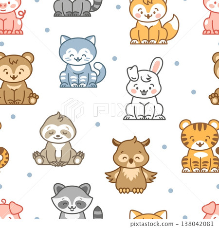 Funny animals seamless pattern. Kawaii animal characters. Cartoon pig, sloth, raccoon, bear, tiger and cat. Childish print textile, wrapping, vector background 138042081