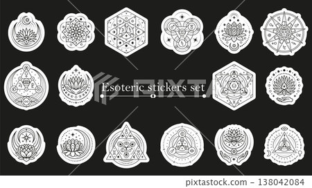 Esoteric stickers set. Different magical line elements with constellation, stars, lotus flowers, moon. Tarot, astrology, meditation symbols, vector labels design Esoteric stickers set. Different magical line elements with constellation, stars, lotus flowers, moon. Tarot, astrology, meditation symbols, vector labels design 138042084