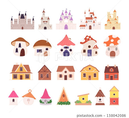 Different buildings. Wooden houses, castles, fairy tale mushroom homes, birdhouses. Fantasy apartments for people and birds, magic characters, vector clipart Different buildings. Wooden houses, castles, fairy tale mushroom homes, birdhouses. Fantasy apartments for people and birds, magic characters, vector clipart 138042086