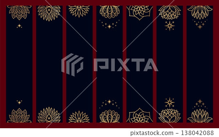 Decorative bookmarks. Banners with line golden mystery lotus flowers and stars. Esoteric tags template, design for inscription, stickers with empty space, vector set Decorative bookmarks. Banners with line golden mystery lotus flowers and stars. Esoteric tags template, design for inscription, stickers with empty space, vector set 138042088