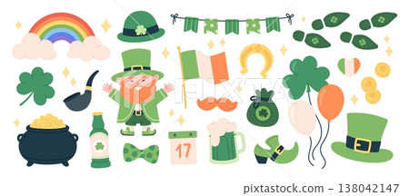 Cartoon st. Patricks day clipart. Funny leprechaun character, green hat and boot, ale beer glass and bottle. Magic rainbow, flag banner, balloons, racy vector kit 138042147