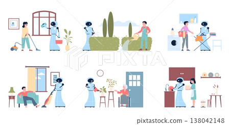 Cleaning with robot. People interact with android, clean house and cares plants. Modern digital technologies, housekeepers and helpers, recent vector scenes Cleaning with robot. People interact with android, clean house and cares plants. Modern digital technologies, housekeepers and helpers, recent vector scenes 138042148