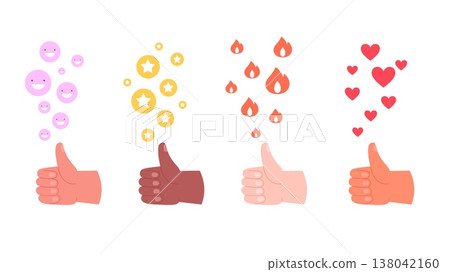 Thumb up signs. Human hands showing thumb up. Social media like reactions with smiling faces, fires, hearts and stars. Reaction on live, vector likes internet symbols Thumb up signs. Human hands showing thumb up. Social media like reactions with smiling faces, fires, hearts and stars. Reaction on live, vector likes internet symbols 138042160