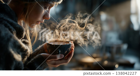 Gentle morning sunlight highlights woman holding steaming cup inside charming rustic cafe atmosphere 138042227