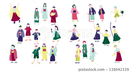 一組描繪人們穿著和服的插圖。 138042339