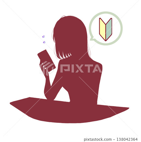 A woman struggling to use her smartphone; beginner; silhouette. A woman struggling to use her smartphone; beginner; silhouette. 138042364