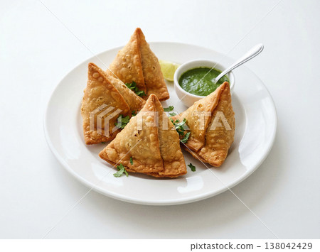 Four golden fried samosas with green chutney dip on white plate, studio shot, indian food 138042429
