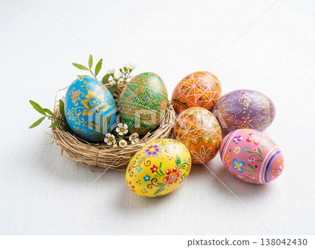 Ornate hand-painted easter eggs in bird's nest, decorated with floral patterns, spring holiday, floral pattern 138042430