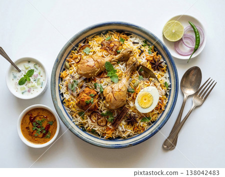 Delicious chicken biryani served in a bowl with raita, sauce, lemon, and onion slices, indian food Delicious chicken biryani served in a bowl with raita, sauce, lemon, and onion slices, indian food 138042483