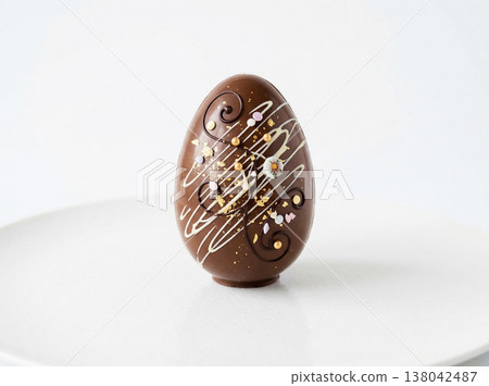 Decorated chocolate easter egg with swirls and sprinkles on a white plate with dark chocolate Decorated chocolate easter egg with swirls and sprinkles on a white plate with dark chocolate 138042487