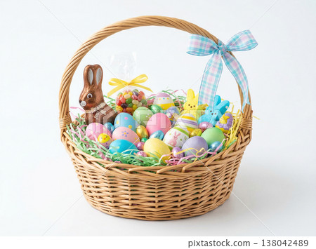 Wicker easter basket filled with colorful eggs, candy, and chocolate bunny decoration, plaid ribbon 138042489