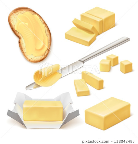 Realistic butter. Butter stick margarine block spread bar curl slice creamy brick, dairy product set milk breakfast food battered bread knife 3d isolated garish vector illustration Realistic butter. Butter stick margarine block spread bar curl slice creamy brick, dairy product set milk breakfast food battered bread knife 3d isolated garish vector illustration 138042493
