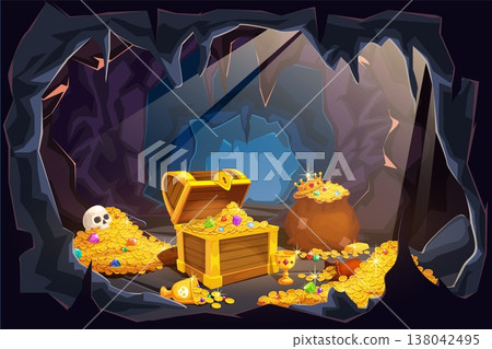 Cave pirate treasure. Gold treasures chest hidden mountain rock trove entrance cartoon background, coin gemstone pile game dungeon scene old treasury ingenious vector illustration Cave pirate treasure. Gold treasures chest hidden mountain rock trove entrance cartoon background, coin gemstone pile game dungeon scene old treasury ingenious vector illustration 138042495