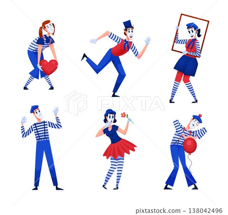 Mime actors. Pantomime actor circus character, french street performer silent mimic gesture clown costume beret france paris comedy theatre show, qualitative vector illustration 138042496