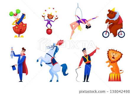 Cartoon circus characters. Animal trainers chapiteau performer, carnival artist clown juggler ball acrobat magician funny monkey bear lion horse set qualitative vector illustration 138042498