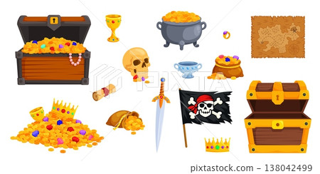 Pirate trophy. Treasure chest gold coin bag set, medieval money box jewel crown fortune pirate map cartoon game ancient wooden safe skull crown asset gui, kicky vector illustration 138042499