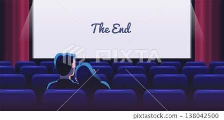Couple cinema hall. Movie theater romantic date, man and woman watching love film sitting on chair seats rear back view empty theatre room end screen, classy vector illustration 138042500