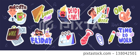 Office life stickers. Corporate work vibe, funny worker collage coffee laptop workflow staff motivational quotes doodle badges trendy creative sticker, classy vector illustration Office life stickers. Corporate work vibe, funny worker collage coffee laptop workflow staff motivational quotes doodle badges trendy creative sticker, classy vector illustration 138042501
