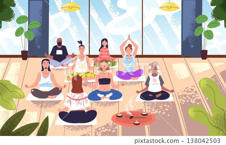 Yoga meditation group. Calm people meditate together class room interior, breathing exercise training mindfulness vipassana pranayama spiritual practice classy vector illustration 138042503