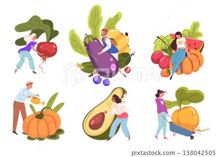 Tiny people vegetables. Person fruit vegetable healthy food, vegan diet vegetarian salad ingredient cucumber avocado mushroom organic farm agriculture classy vector illustration Tiny people vegetables. Person fruit vegetable healthy food, vegan diet vegetarian salad ingredient cucumber avocado mushroom organic farm agriculture classy vector illustration 138042505