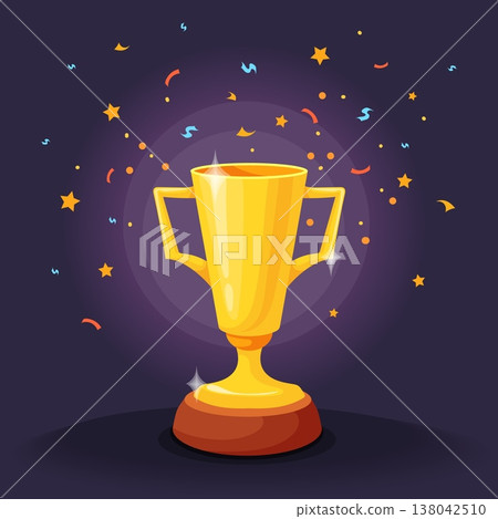 Trophy cup confetti. Winner golden cup sport competition win celebration banner, 1st victory triumph champion goblet awards ceremony soccer race team prize neat vector illustration 138042510