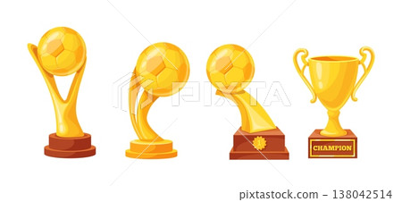 Soccer trophy cups. Soccer league golden cup, fifa world championat award sport stadium prize gold ball reward winner team champ best goal achievement, neat vector illustration Soccer trophy cups. Soccer league golden cup, fifa world championat award sport stadium prize gold ball reward winner team champ best goal achievement, neat vector illustration 138042514