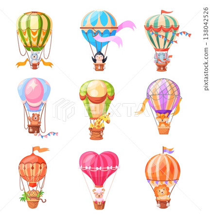 Animals hot air balloon. Cute baby animal fly in basket aerostat balloons, cartoon lion elephant giraffe monkey bear flying airship transport neat child nursery vector illustration 138042526