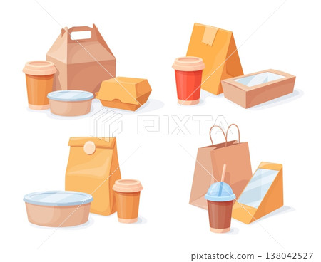Takeout packaging. Takeaway food delivery disposable packaging, fastfood combo pack lunch box paper bag plastic cup fast eating containers, cartoon set neat vector illustration 138042527