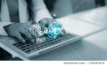 Artificial intelligence data driven concept.digital transformation in business world.machine learning algorithm for business intelligence.businesswoman working on laptop with virtual screen. Artificial intelligence data driven concept.digital transformation in business world.machine learning algorithm for business intelligence.businesswoman working on laptop with virtual screen. 138042614