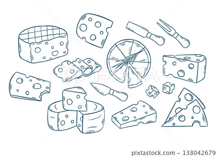 Big vector set, types of cheese and slices of cheese, simple icons in doodle and sketch style with Mediterranean blue line. Hand-drawn dairy collection for menus or food branding 138042679