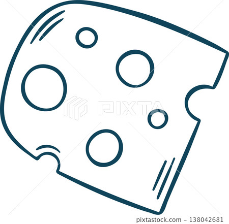 Cheese slice with holes, simple vector icon in doodle and sketch style with Mediterranean blue line. Hand-drawn Swiss-style cheese for menus or food branding Cheese slice with holes, simple vector icon in doodle and sketch style with Mediterranean blue line. Hand-drawn Swiss-style cheese for menus or food branding 138042681