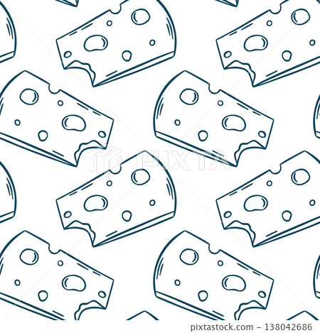 Mediterranean blue line doodle pattern featuring rows of sliced cheese with holes. Minimalist dairy repeat for deli branding, cafe wallpaper or sandwich shop packaging 138042686