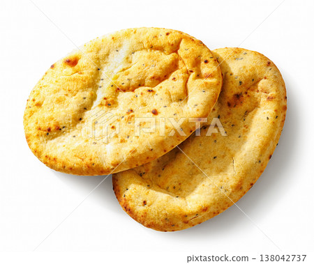 Two oval indian naan kulcha flatbreads top view Two oval indian naan kulcha flatbreads top view 138042737