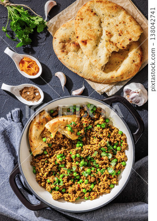 Indian keema matar with minced meat, peas and naan Indian keema matar with minced meat, peas and naan 138042741