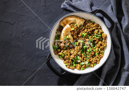 Indian keema matar with minced meat, peas and naan Indian keema matar with minced meat, peas and naan 138042747