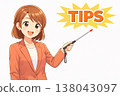 Business-oriented illustrations conveying tips and hints: Woman pointing, explanatory material. 138043097