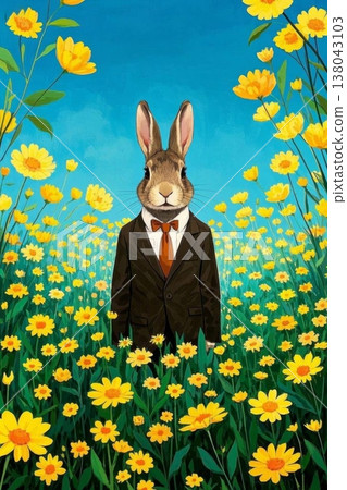 穿西装的兔子置身黄色花海中 138043103