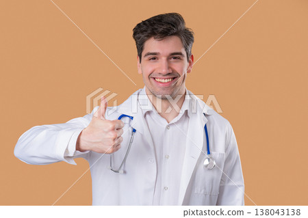 Positive Doctor Man With Like, Thumbs-Up Hand Sign Gesture. Happy Physician Positive Doctor Man With Like, Thumbs-Up Hand Sign Gesture. Happy Physician 138043138