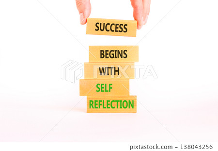 Self reflection symbol. Concept words Success begins with self reflection on beautiful wooden blocks. Beautiful white background. Business success begins with self reflection concept. Copy space. Self reflection symbol. Concept words Success begins with self reflection on beautiful wooden blocks. Beautiful white background. Business success begins with self reflection concept. Copy space. 138043256