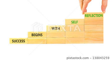 Self reflection symbol. Concept words Success begins with self reflection on beautiful wooden blocks. Beautiful white background. Business success begins with self reflection concept. Copy space. Self reflection symbol. Concept words Success begins with self reflection on beautiful wooden blocks. Beautiful white background. Business success begins with self reflection concept. Copy space. 138043259