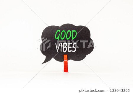 Good vibes words symbol. Concept words Good vibes on beautiful black speech bubble. Beautiful white background. Business lifestyle and Good vibes words concept. Copy space. Good vibes words symbol. Concept words Good vibes on beautiful black speech bubble. Beautiful white background. Business lifestyle and Good vibes words concept. Copy space. 138043265