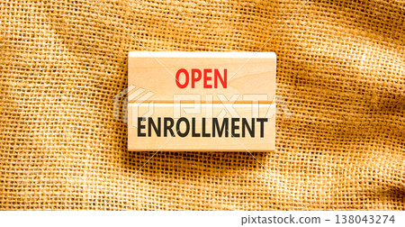 Open enrollment words symbol. Concept words Open enrollment on beautiful wooden blocks. Beautiful canvas background. Medical and Open enrollment words concept. Copy space. 138043274