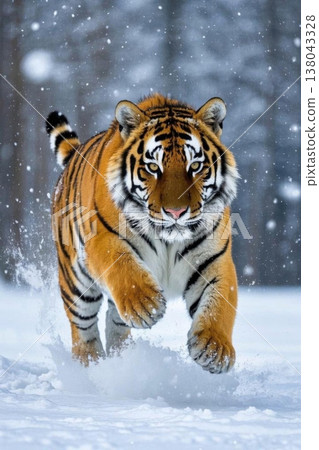 雪地中奔跑的老虎 雪地中奔跑的老虎 138043328