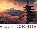 Serene Pagoda Nestled Among Majestic Mountains Under a Clear Blue Sky in a Picturesque Landscape 138043339