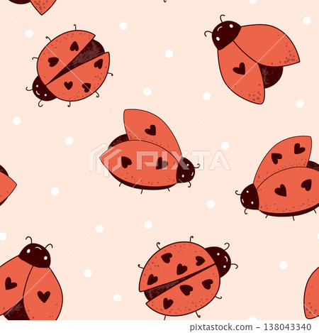 Cartoon kawaii ladybug baby seamless pattern. Background of Ladybirds with a cute hearts on wings. Vector illustration. Cartoon kawaii ladybug baby seamless pattern. Background of Ladybirds with a cute hearts on wings. Vector illustration. 138043340