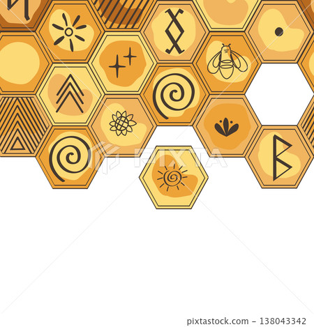 Honeycomb seamless pattern. Bee honey combs border decorated doodle ancient and tribal symbols background. Organic and wild honey concept. Vector hand drawn illustration Honeycomb seamless pattern. Bee honey combs border decorated doodle ancient and tribal symbols background. Organic and wild honey concept. Vector hand drawn illustration 138043342